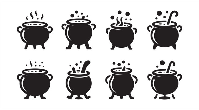 Black witch cauldron and magic potion icons set for Halloween