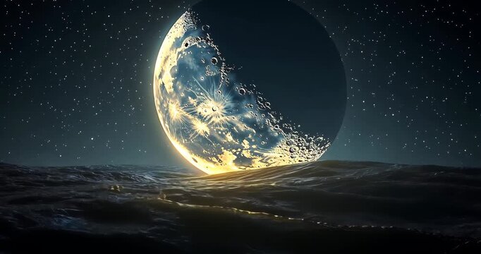 A glowing moon hovers over a dark, cratered lunar surface under a starry night sky, creating a serene, ethereal scene.