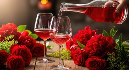 Pouring rose wine into glasses surrounded by red roses and peonies on rustic wooden table creating romantic atmosphere for celebration