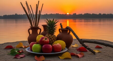 Serene lakeside still life with fruit and clay pots at sunset.