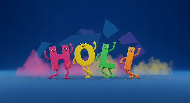 Happy Holi festival celebration blue background 3D character letter fun joy spring color powder smoke party banner poster graphic