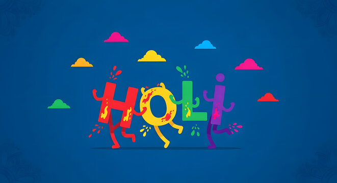 Holi text blue background cartoon character letter face cloud element festival celebration poster greeting banner invitation playful graphic art