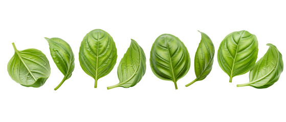 Set of fresh green basil leaves isolated on a white background viewed from different angles.