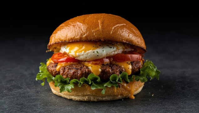 Delicious burger featuring Florentine egg and fresh veggies on a dark backdrop