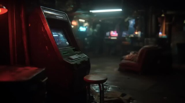 Dark arcade interior with retro gaming machine and dim lighting.