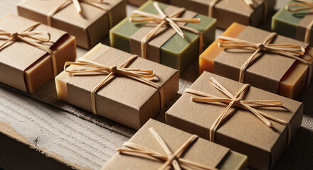 Eco soap in cardboard wrap arranged neatly on wooden surface  