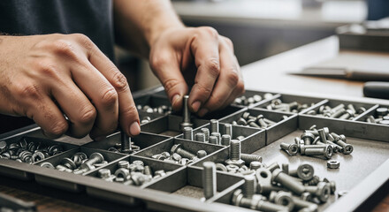 Fototapeta premium Mechanic sorting bolts on tray in workshop with organized tools 