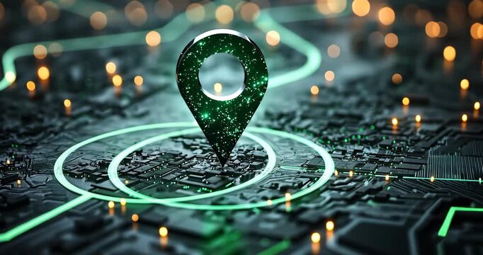 A futuristic digital map with a glowing location pin, representing navigation and technology in an urban environment.