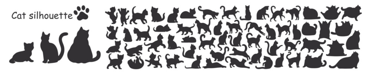 Set of black cat silhouettes. Silhouettes of cute little, adult and fat cats