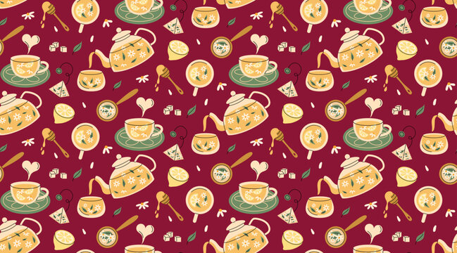 Seamless chamomile tea pattern with teapot, cups, lemon and honey. Cozy herbal drink background