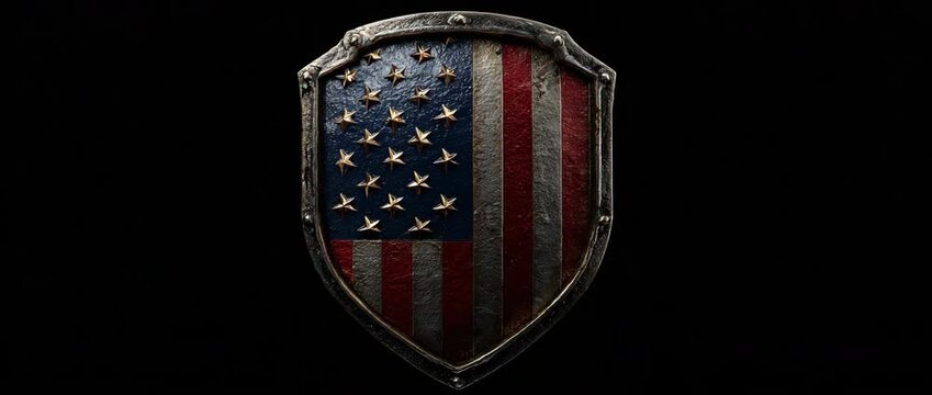 Rugged 3D military shield with American flag pattern, weathered battle-worn metal shield on black background, patriotic US defense and protection concept.