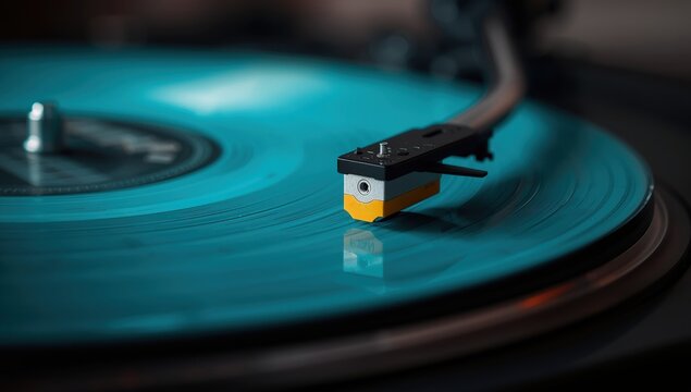 Detailed shot of a turntable stylus on a spinning blue record