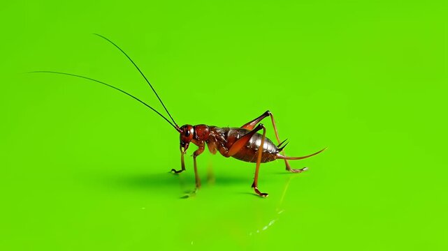 A detailed view of a cricket insect on a vibrant green background.