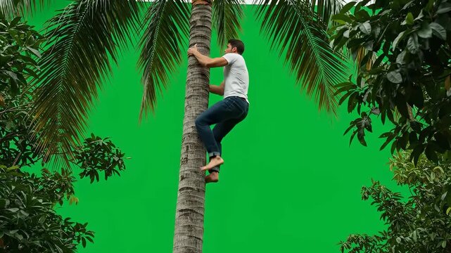 Man climbing a tall coconut tree in a tropical environment.