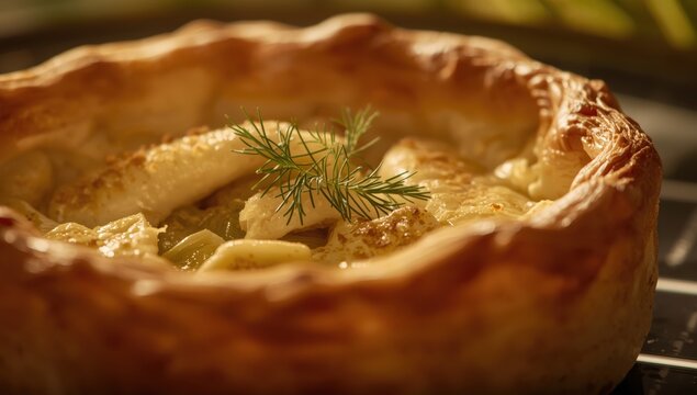 Dill-topped chicken and leek pie in puff pastry, close-up shot