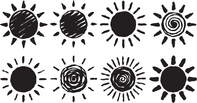 Hand drawn sun icon set with black sketch scribble circles for weather and summer
