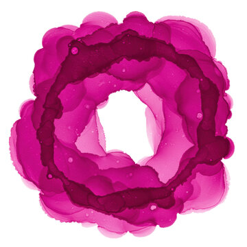Macro, hyper-realistic flat lay of deep magenta and fuchsia fluid watercolor pigment forming organic blots on a bright white background, showcasing wet-on-wet technique. Abstract graphic element