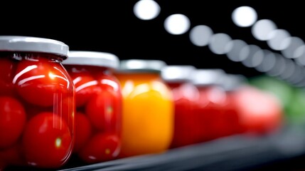 A colorful array of jars filled with fresh tomatoes and vegetables. The vibrant hues create a captivating scene. Perfect for food lovers or product promotion. AI