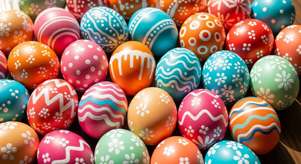 Fototapeta premium A vibrant collection of colorful Easter eggs, beautifully decorated with patterns and floral designs, perfect for spring celebrations and festive decor.