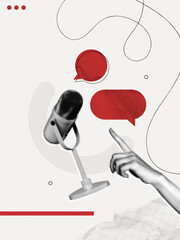 Naklejka premium Trendy Halftone Collage Online Broadcasting concept. Audio recording of interview. Microphone with speech bubble messages. Talking in podcast. Streaming service. Contemporary vector illustration art