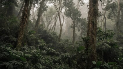 Obraz premium Dense, lush rainforest scene with tall trees, foliage, and misty atmosphere