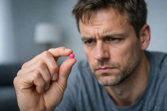 Man holding a pink pill between fingers, looking at it with concern and focus, medication decision, health and treatment concept, close-up detail, indoor lifestyle, modern healthcare.