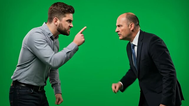 Two men in heated argument on green screen background.
