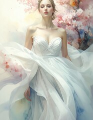 Fototapeta premium A woman in a flowing white dress stands amidst pink blossoms, her eyes closed in a serene pose. The image has a soft, ethereal watercolor aesthetic.
