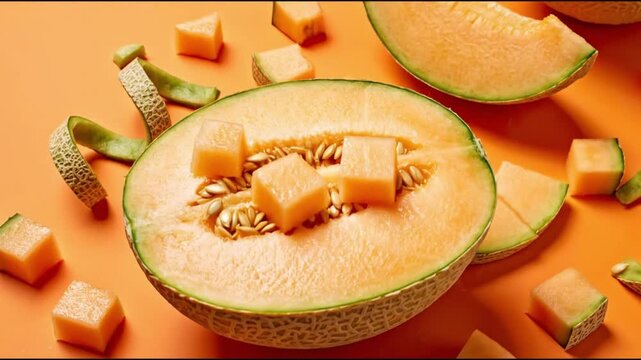 Fresh cantaloupe melon composition with halves slices and cubes on orange background