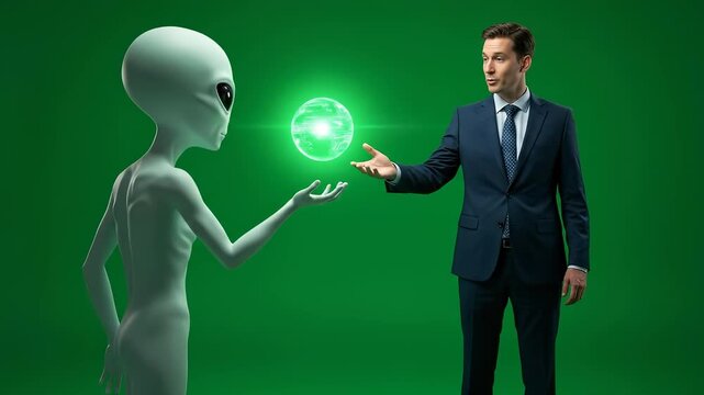 Man in Suit Interacts with Alien and Glowing Orb.