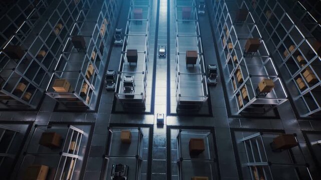 Logistics robot transporting cardboard box through automated fulfillment center. Moving up camera movement revealing bird's eye view of warehouse aisles.