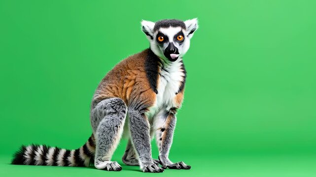 Ring-tailed lemur posing on a vibrant green background, studio shot.