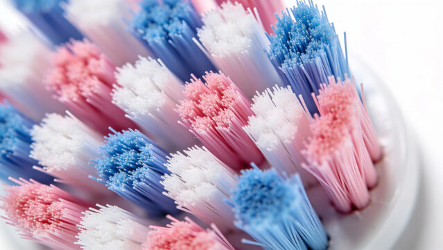 Macro Shot of Pink and Blue Toothbrush Bristles on White Background
