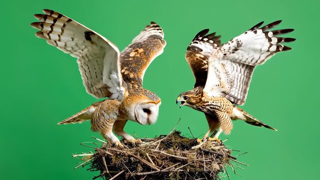 Two birds of prey on a nest against a green background.