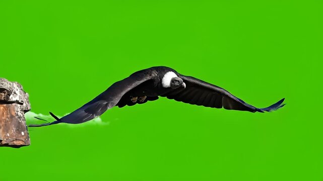 Andean Condor Soaring Above Rocky Cliff Against Green Screen.