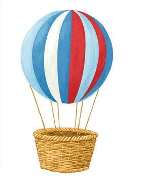 Cheerful watercolor nursery decoration. Mixed watercolor and wicker design illustrating lively balloon scene suitable for kid spaces and invitations