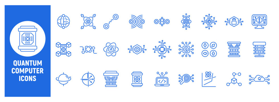 Quantum computer line icon set for advanced computing
