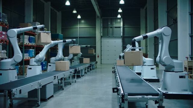 Industrial robots sorting packages in large distribution hub. Male employee monitoring automated logistics systems in high-tech warehouse. Panning and tilting camera shot.