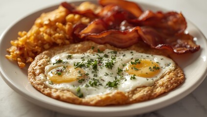 Naklejka premium Herbed fried eggs accompanied by turkey bacon and hash browns