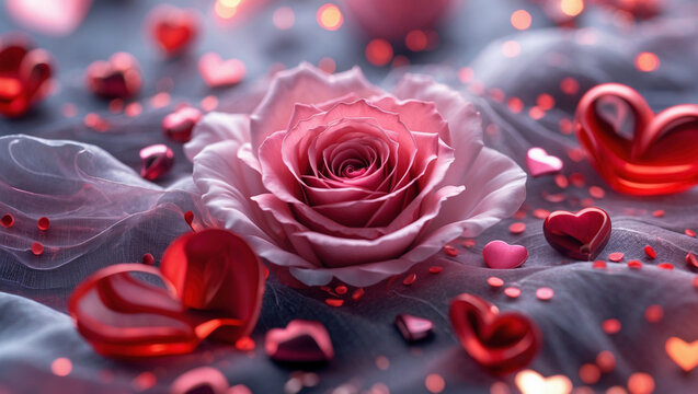 Zum Valentinstag liegt eine sch&ouml;ne Rose auf einem Seidentuch, mehrere rote Herzen vervollst&auml;ndigen das Design