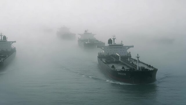Convoy of oil tankers from shadow fleet moving through thick fog. High angle view of maritime vessels in misty ocean.