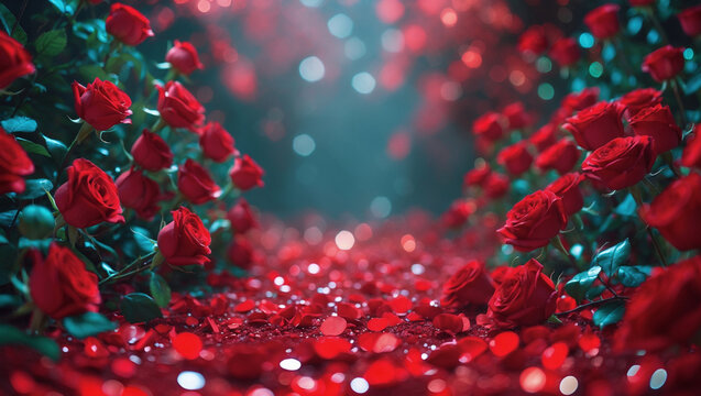 Ein Weg aus vielen roten Herzen ist eingerahmt mit Rosen, sch&ouml;nes Bokeh, Valentinstag