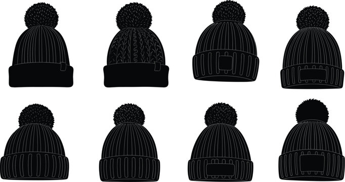 Eight black knitted winter hats with pom poms and various cuff beanie knitted hat