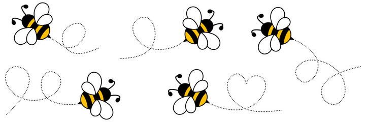 Adorable bumblebees flying along dotted trail collection. Cute yellow bees with motion path. Vector illustration isolated on white for summer design projects. © Віталій Баріда
