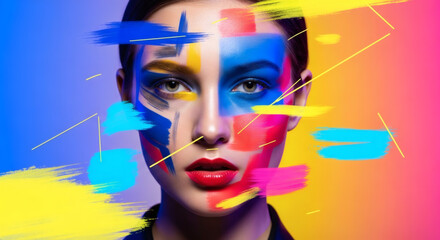 Fototapeta premium Creative beauty portrait with graphic overlays and bold colors, modern surreal fashion style, expressive face and strong mood
