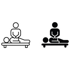 Massage therapy icon set person receiving back massage on treatment table, line art and solid silhouette style