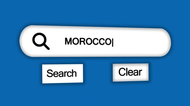 A digital search bar interface the word MOROCO with a magnifying glass and search and clear buttons on a vibrant blue background with a finger cursor