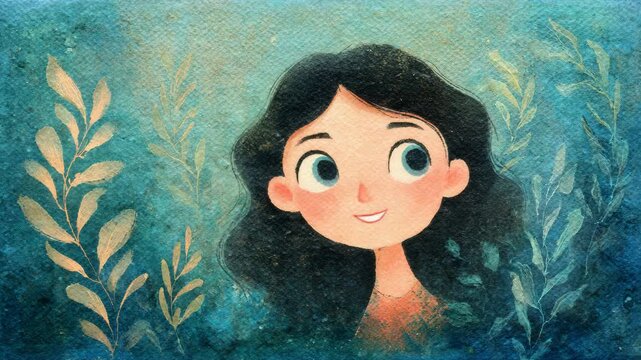 Cute watercolor animation of a young girl with long dark hair surrounded by green leaves and stones, artistic hand-drawn character for children's book or greeting card.