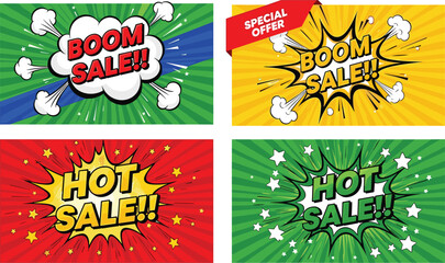 Colorful comic book style sale banners with boom and hot sale text boom sale special offer © Riyaj Vector Valley