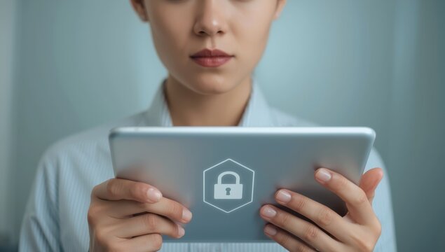 Idea of accessing a secure server. Locked tablet being tapped by a user